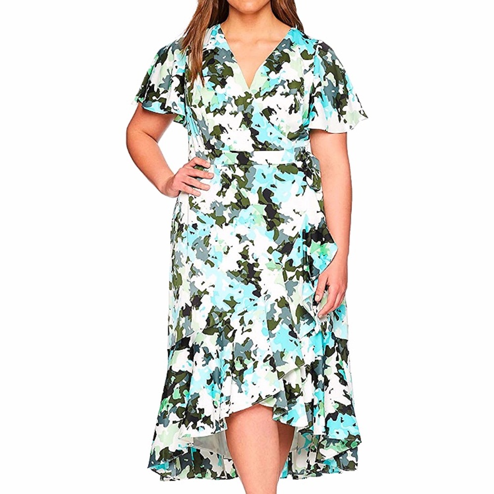 London Times Faux Wrap Midi Dress